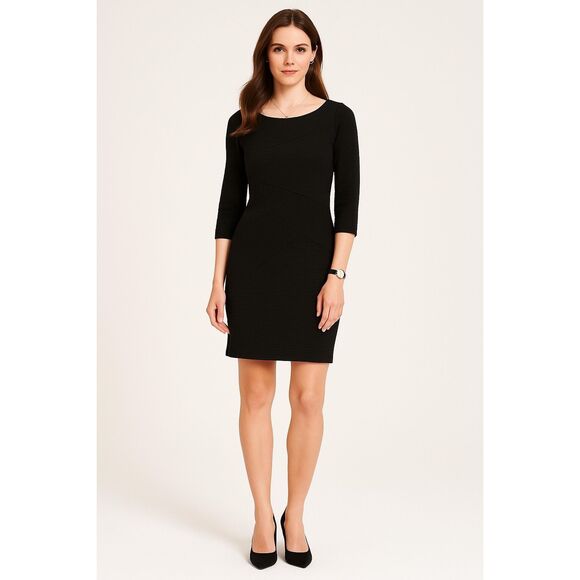 WHITE HOUSE BLACK MARKET Black Dress Medium 3/4 Sleeve Textured Knit Sheath Mini - Picture 1 of 13